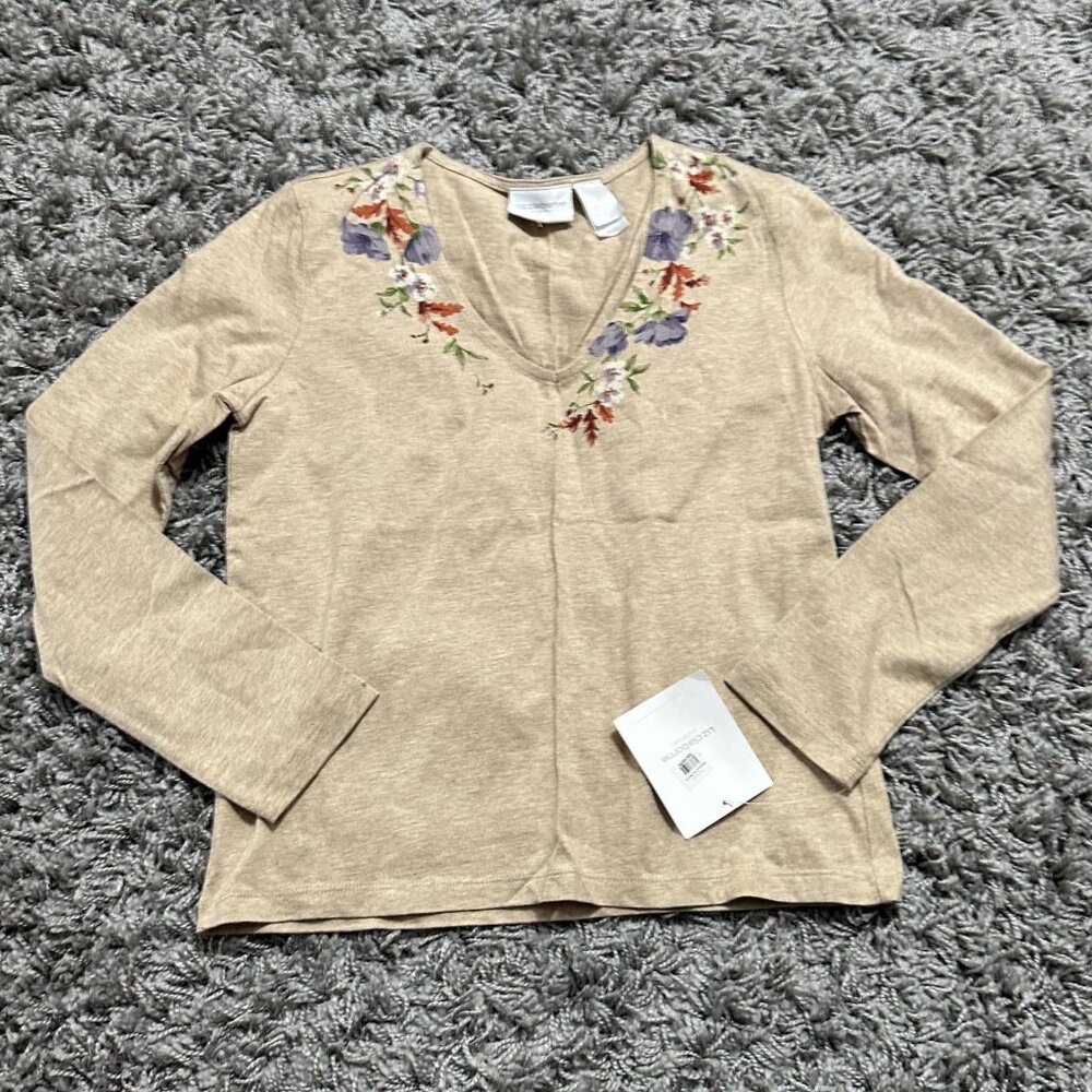 NWT Liz Claiborne Casual Tan Long Sleeve with Flower Print Size S